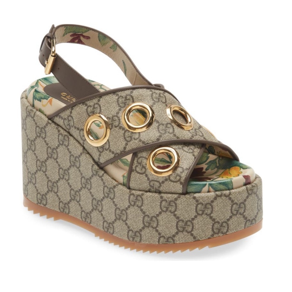 Gucci Angelina GG Logo Eyelet Platform Sandal Wedge 38.5